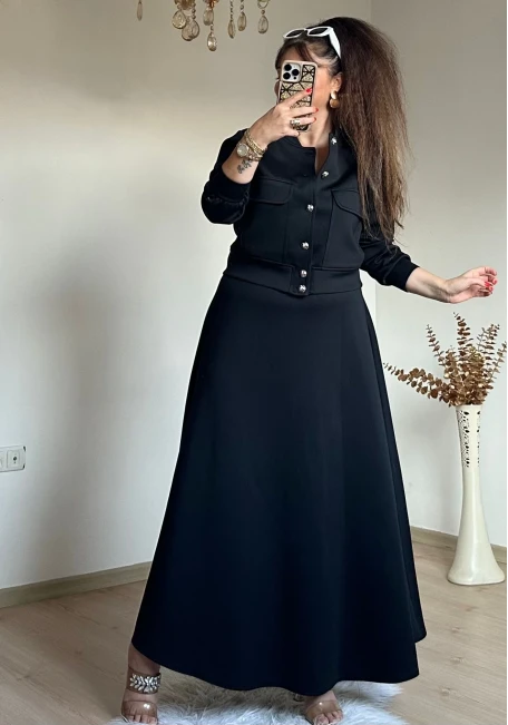 Gold Dugmelı Etek Bluz Takım Sıyah