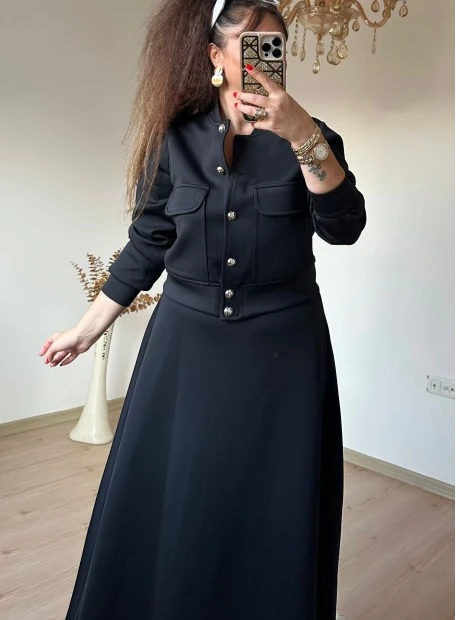 Gold Dugmelı Etek Bluz Takım Sıyah