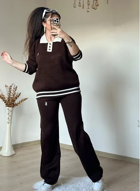 Gold Düğmelı Trıko Takım Kahve