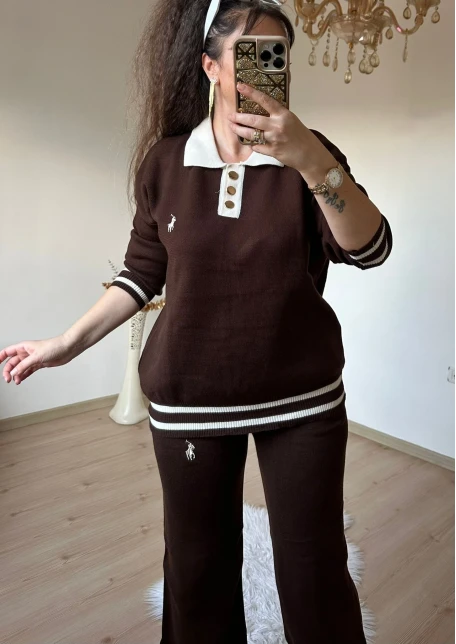 Gold Düğmelı Trıko Takım Kahve