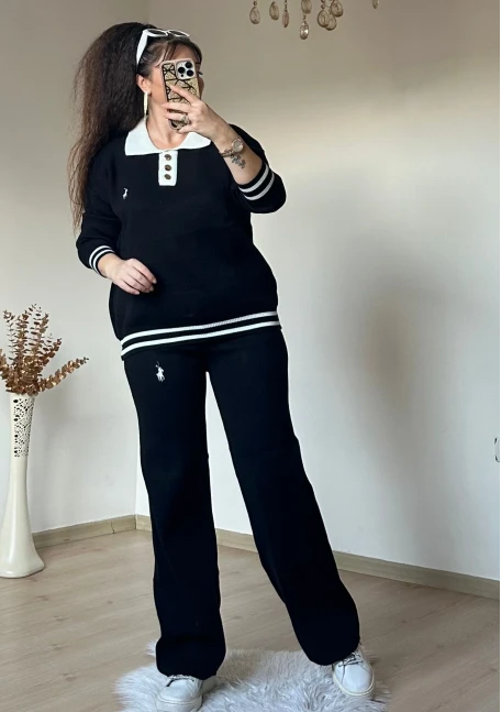 Gold Düğmelı Trıko Takım Siyah