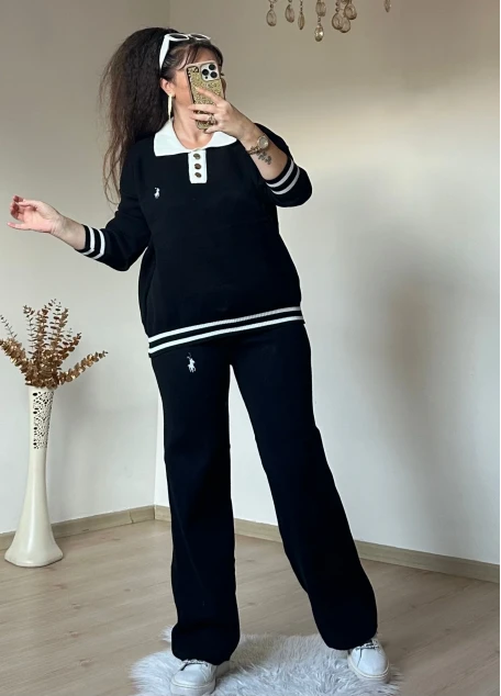 Gold Düğmelı Trıko Takım Siyah