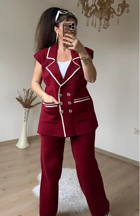 Gold Düğmelı Yeleklı Takım Bordo