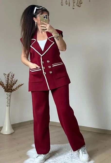 Gold Düğmelı Yeleklı Takım Bordo
