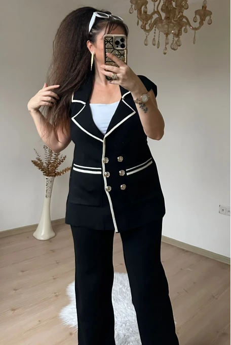 Gold düğmelı Yeleklı Takım Siyah