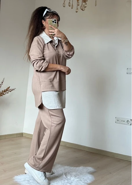 Gömlek Detaylı Takım Bej