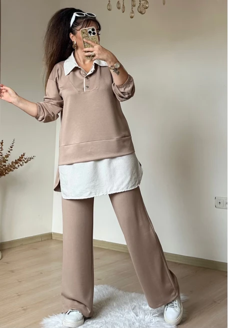 Gömlek Detaylı Takım Bej