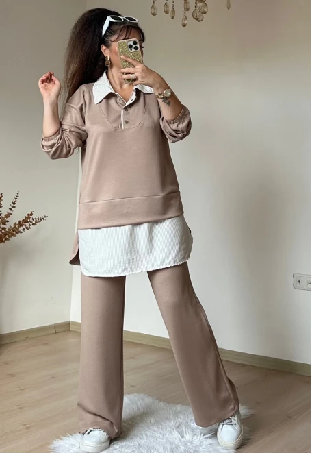 Gömlek Detaylı Takım Bej