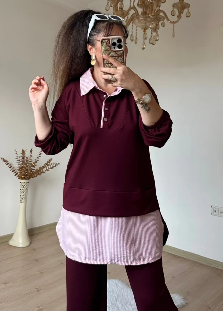 Gömlek Detaylı Takım Bordo