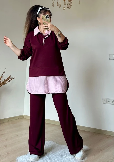 Gömlek Detaylı Takım Bordo