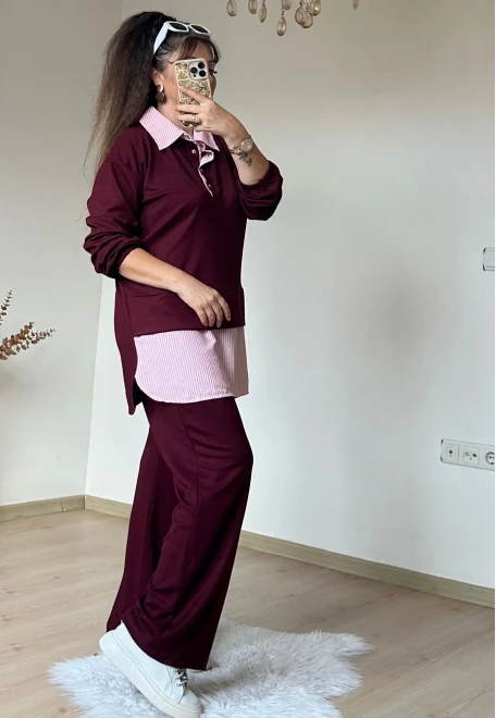 Gömlek Detaylı Takım Bordo