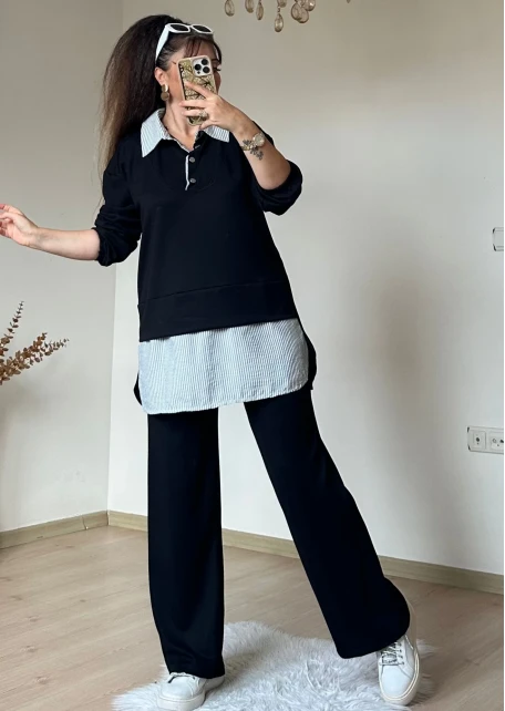 Gömlek Detaylı Takım Siyah