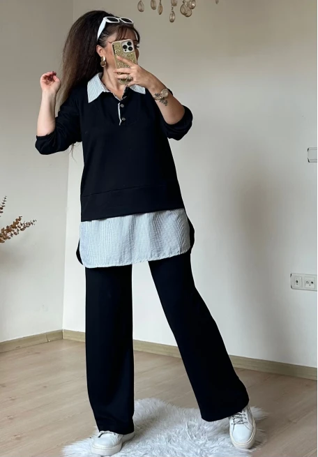 Gömlek Detaylı Takım Siyah