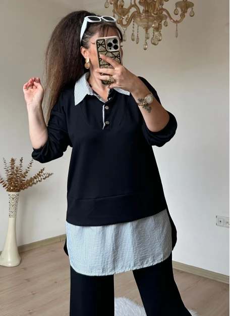 Gömlek Detaylı Takım Siyah