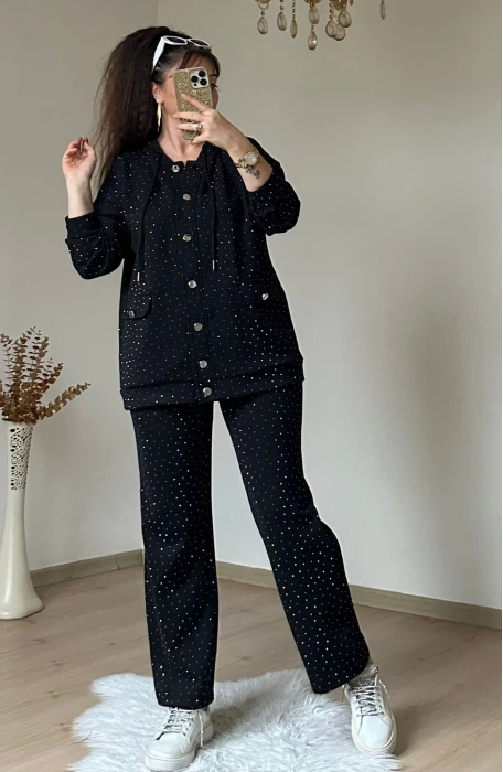 Gümüş Düğmelı Full Taşlı Takım Siyah