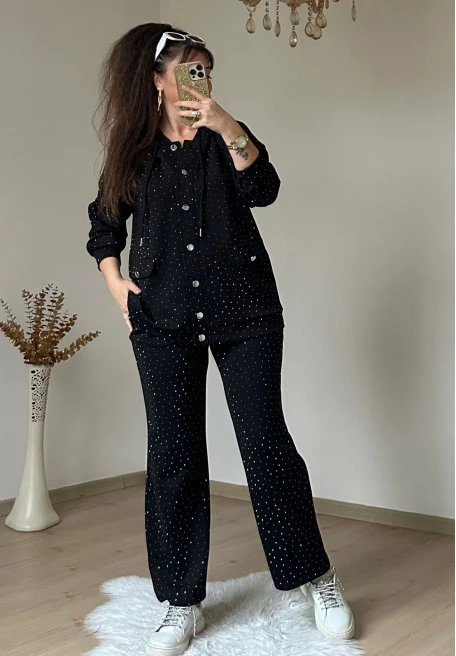 Gümüş Düğmelı Full Taşlı Takım Siyah