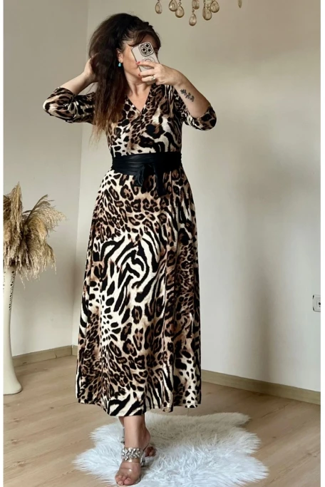 Halka Kemerli Kahve Leopar Penye Elbise