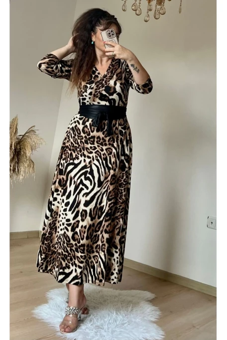 Halka Kemerli Kahve Leopar Penye Elbise