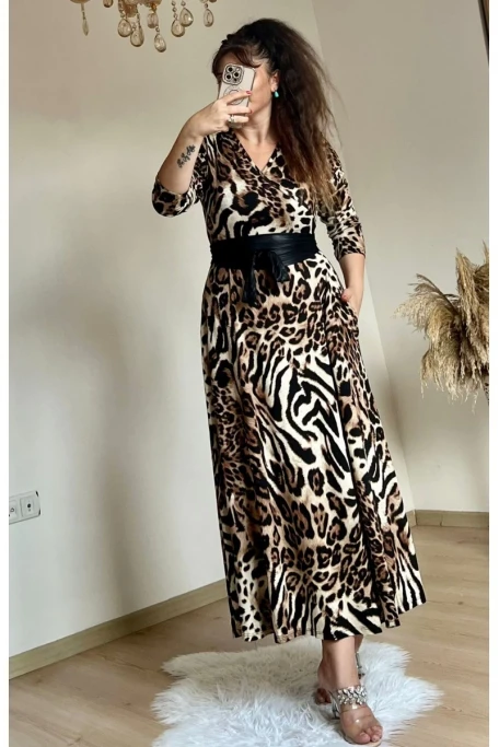 Halka Kemerli Kahve Leopar Penye Elbise