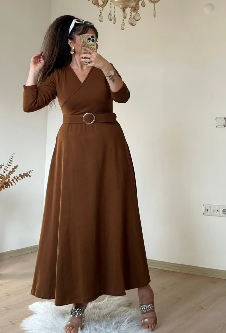 Halka Kemerli Triko Elbise - KAHVE