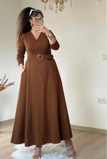 Halka Kemerli Triko Elbise - KAHVE