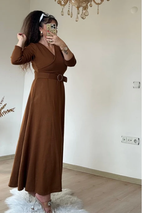 Halka Kemerli Triko Elbise - KAHVE