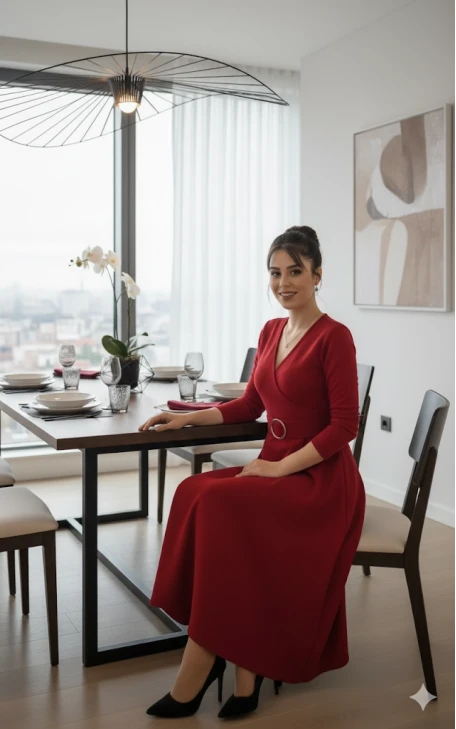 Halka Kemerli Triko Elbise - KIRMIZI