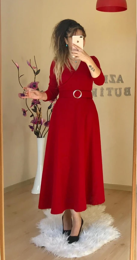 Halka Kemerli Triko Elbise - KIRMIZI