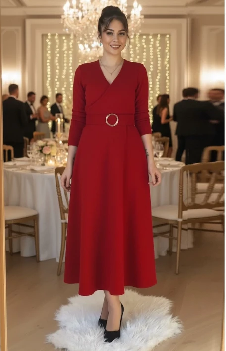 Halka Kemerli Triko Elbise - KIRMIZI