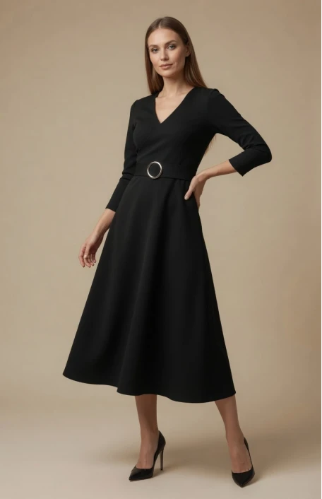 Halka Kemerli Triko Elbise - Siyah