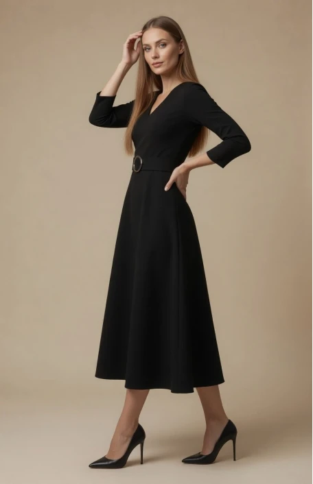 Halka Kemerli Triko Elbise - Siyah