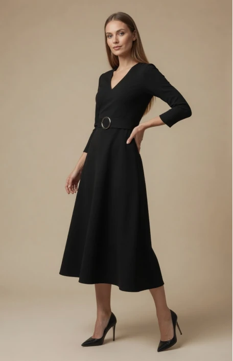 Halka Kemerli Triko Elbise - Siyah