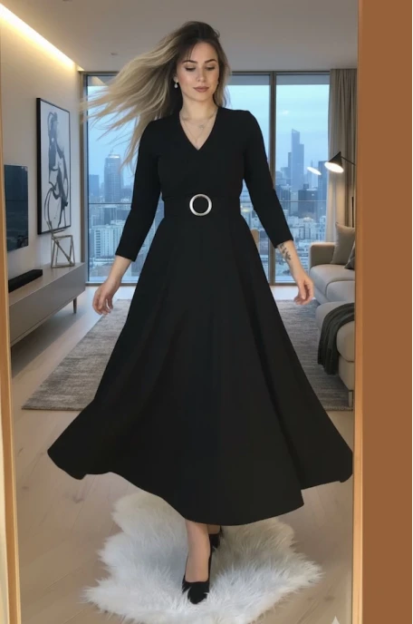 Halka Kemerli Triko Elbise - Siyah