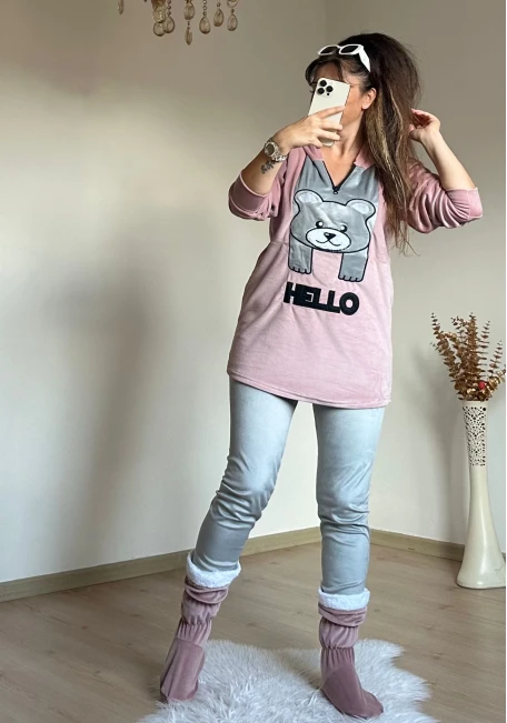 Hello Yazılı Kadife Takım Pudra