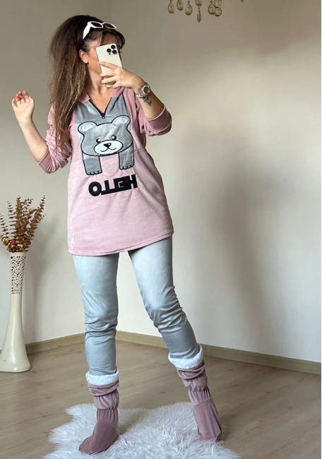 Hello Yazılı Kadife Takım Pudra