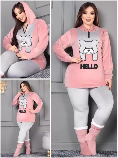 Hello Yazılı Kadife Takım Pudra