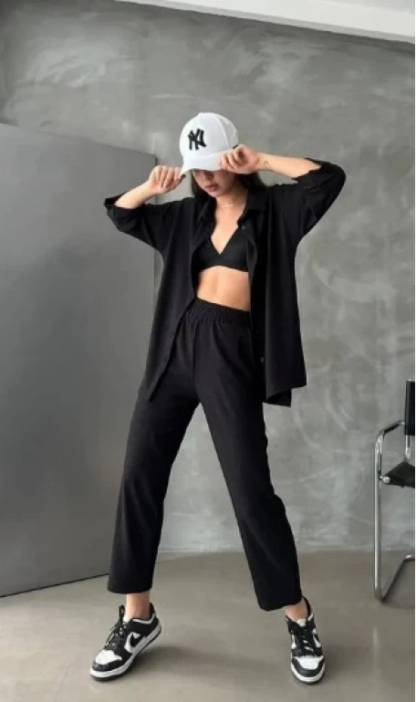 İkili Bürümcuk Kumaş Gömlek Takım Siyah