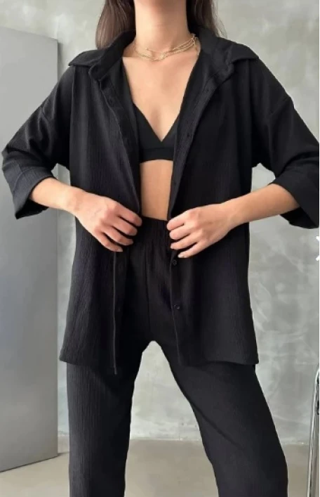 İkili Bürümcuk Kumaş Gömlek Takım Siyah