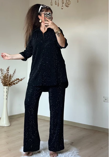 Işıltılı Gömlek Takım siyah