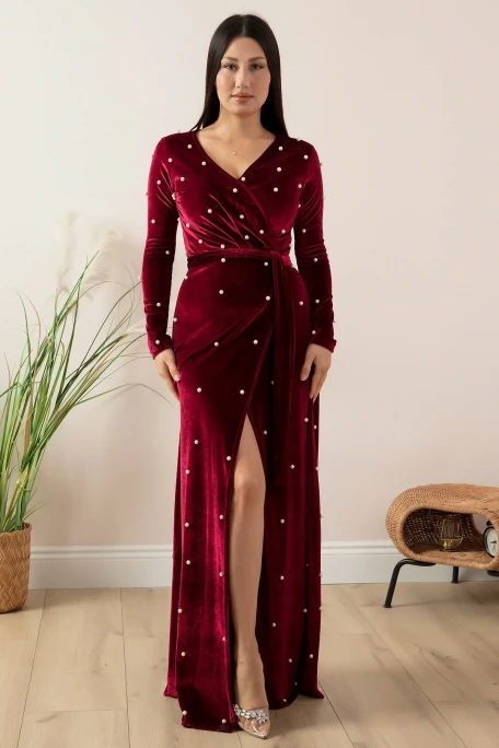 Kadife İ̇ncili Uzun Abiye Elbise Bordo