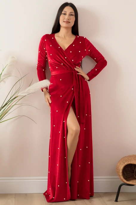 Kadife İ̇ncili Uzun Abiye Elbise Kırmızı