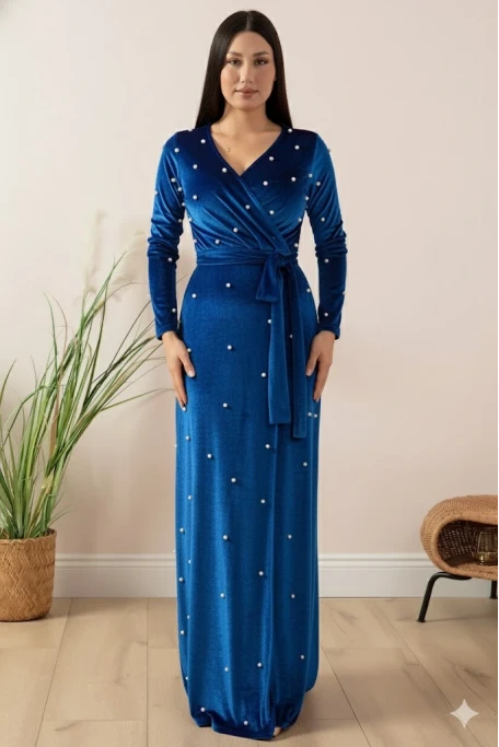 Kadife İ̇ncili Uzun Abiye Elbise Mavi