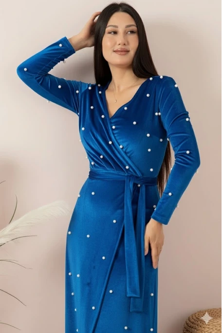 Kadife İ̇ncili Uzun Abiye Elbise Mavi