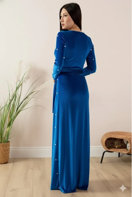 Kadife İ̇ncili Uzun Abiye Elbise Mavi