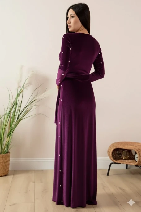 Kadife İ̇ncili Uzun Abiye Elbise Mor