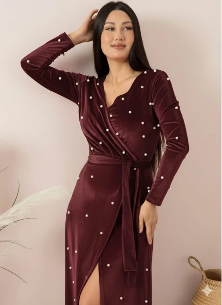 Kadife İ̇ncili Uzun Abiye Elbise Mürdüm