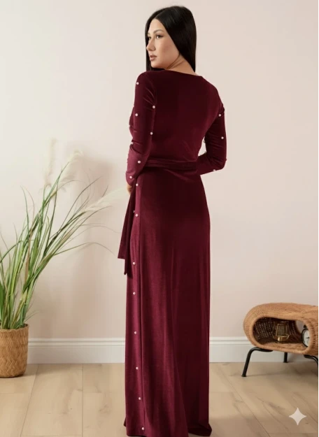 Kadife İ̇ncili Uzun Abiye Elbise Mürdüm