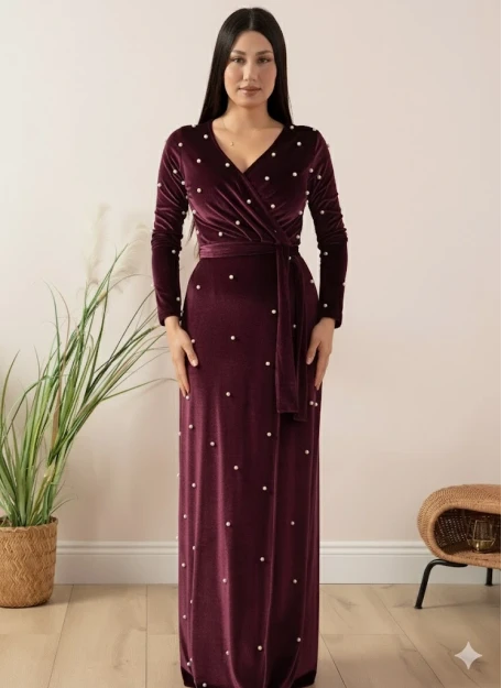 Kadife İ̇ncili Uzun Abiye Elbise Mürdüm
