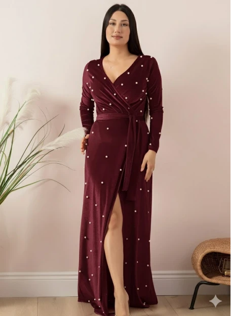 Kadife İ̇ncili Uzun Abiye Elbise Mürdüm