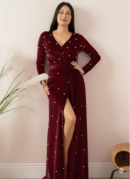 Kadife İ̇ncili Uzun Abiye Elbise Mürdüm